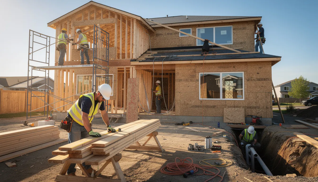 The image depicts multiple tradespeople actively engaged in various tasks on a residential construction site, highlighting the importance of effective communication among team members to ensure project efficiency and timely completion. Clear communication processes are essential for overcoming potential issues and fostering a positive working environment.