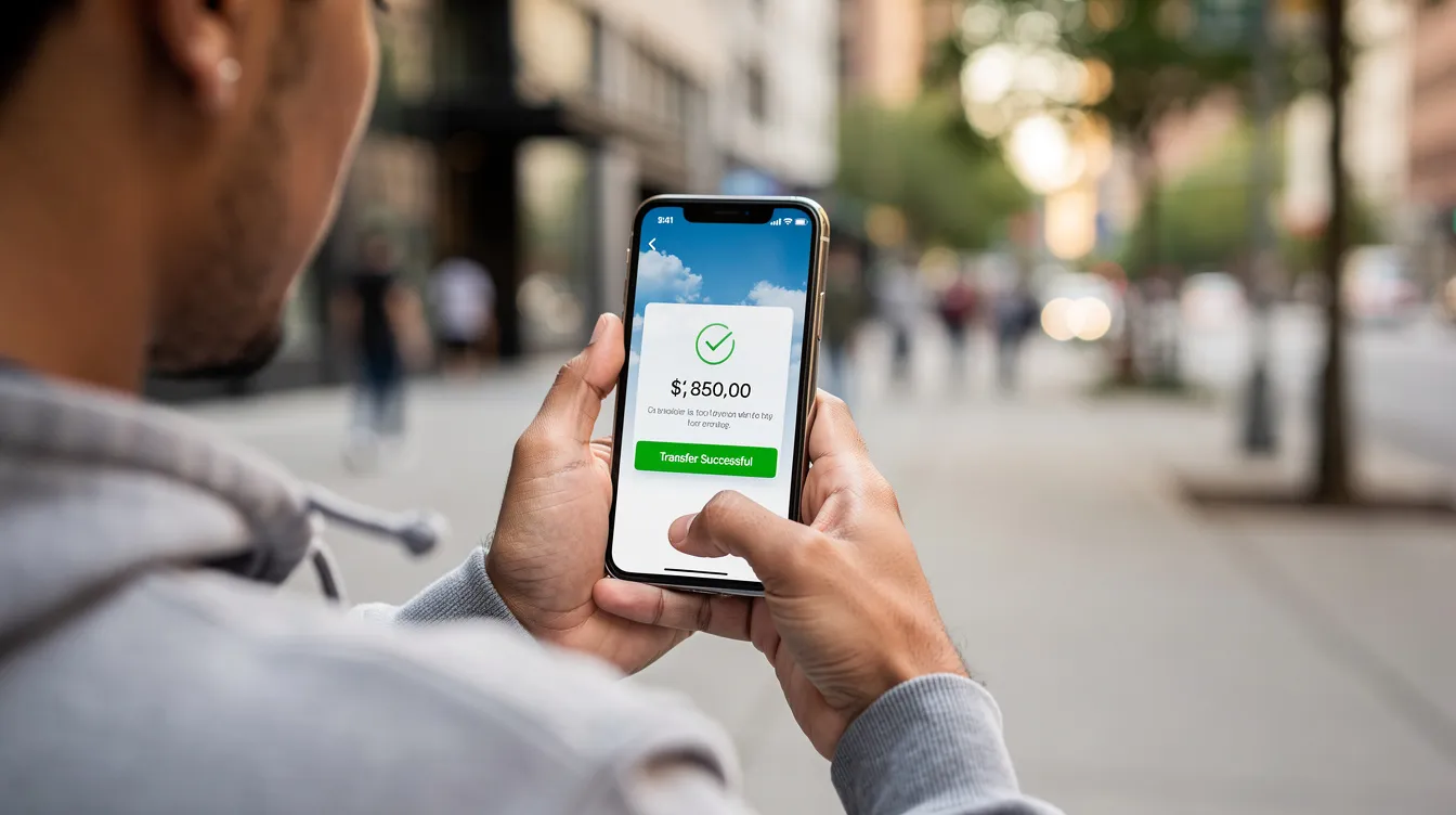 A person is standing outdoors, focused on their mobile phone while completing a money transfer using a banking app, possibly related to the Union Bank of India. The scene captures the ease of sending money and confirming transactions through a mobile platform, showcasing modern banking convenience.