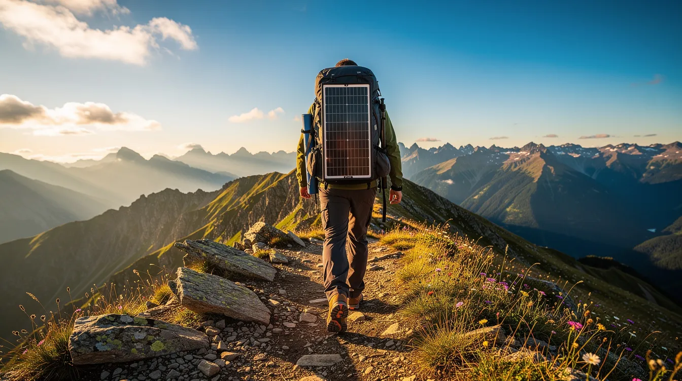 A hiker traverses a sunny mountain ridge, carrying a solar backpack equipped with a visible solar panel, designed to charge devices like phones and tablets during outdoor adventures. The backpack showcases high-quality solar materials, allowing for sustainable energy use while enjoying nature.