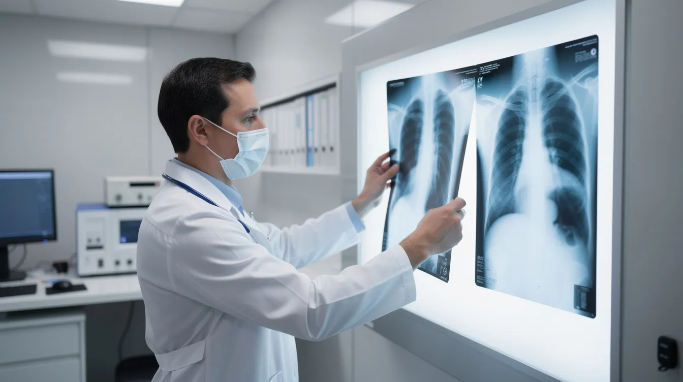 A medical professional is seen in a clinical setting, intently reviewing X-ray films, possibly related to injuries from a car accident. This image highlights the importance of medical treatment and documentation for personal injury cases, especially for car accident victims seeking compensation for their medical expenses and lost wages.