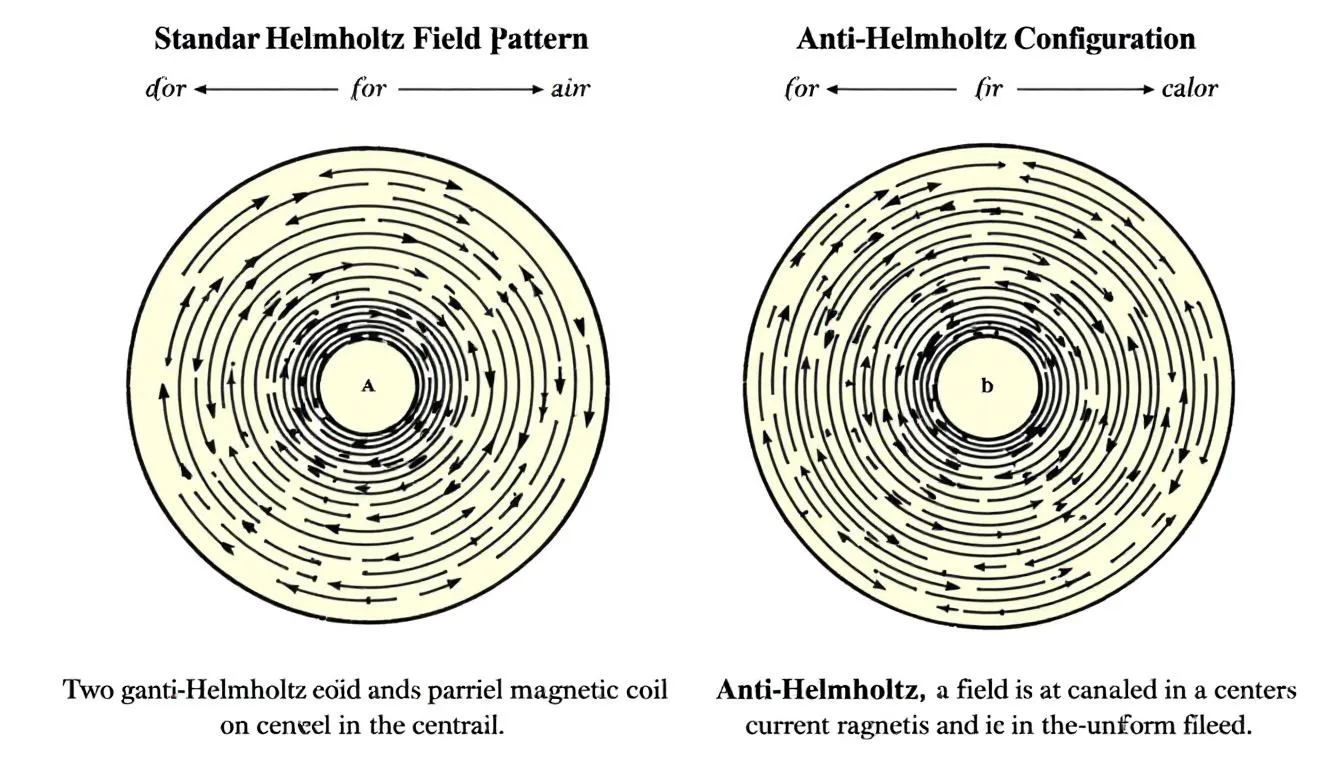 In this image, a comparison is made between the magnetic field patterns generated by standard Helmholtz coils and anti-Helmholtz coils, illustrating the differences in uniformity and field intensity. The visual representation highlights how the arrangement of two circular coils affects the produced magnetic field, with the Helmholtz configuration creating a nearly uniform magnetic field along the axis.