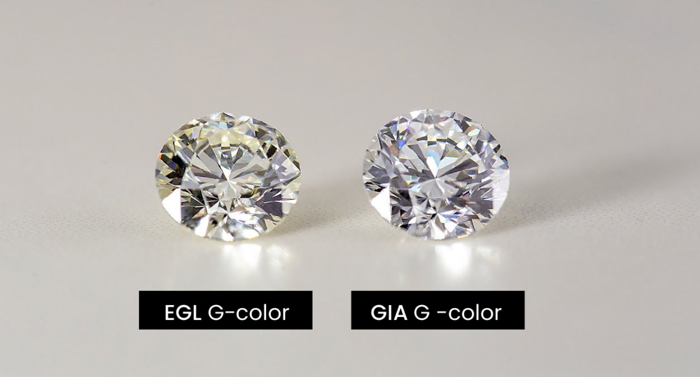 G spalvos deimantų palyginimas pagal GIA ir EGL sertifikatus – EGL vertintas akmuo vizualiai gelsvesnis, spalvos skirtumas siekia apie 2,5 karto