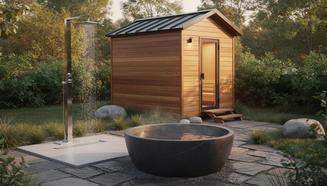 The image depicts an outdoor shower and a plunge tub setup next to a wooden sauna structure, creating a serene backyard sauna retreat. This stylish outdoor space emphasizes wellness with easy access to sauna sessions, enhancing relaxation and health benefits in a natural environment.