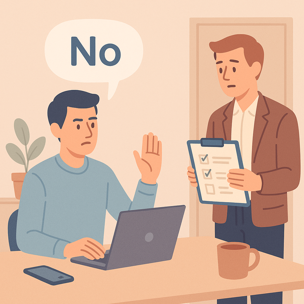 An employee raises a hand saying “No” while a colleague holds a clipboard, illustrating setting time limits, managing time constraints, and using polite refusal as a time management strategy.