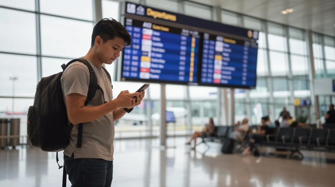 A traveller is checking their smartphone while standing at an airport gate, with a departure board displaying flight information in the background. This scene captures the anticipation of future travel to the USA, where they may need to apply for an electronic visa or ESTA for their visit.