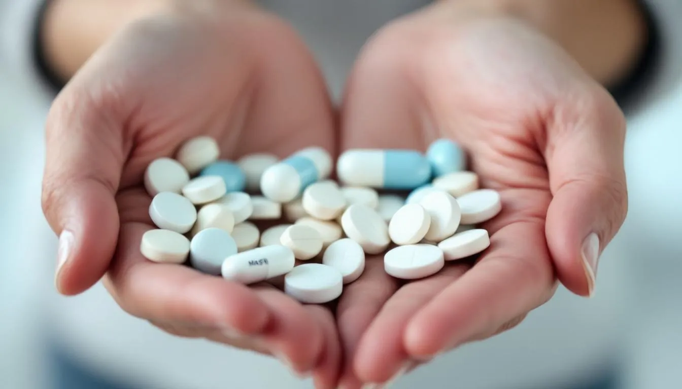 A close-up image shows hands holding an assortment of magnesium supplement capsules and tablets, highlighting the importance of magnesium in managing restless leg syndrome and improving sleep quality. These oral supplements, including magnesium oxide and magnesium glycinate, are essential for nerve and muscle function, helping to alleviate symptoms associated with magnesium deficiency.