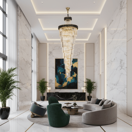 Tall tiered crystal chandelier suspended in a double-height living room with a dramatic vertical drop.