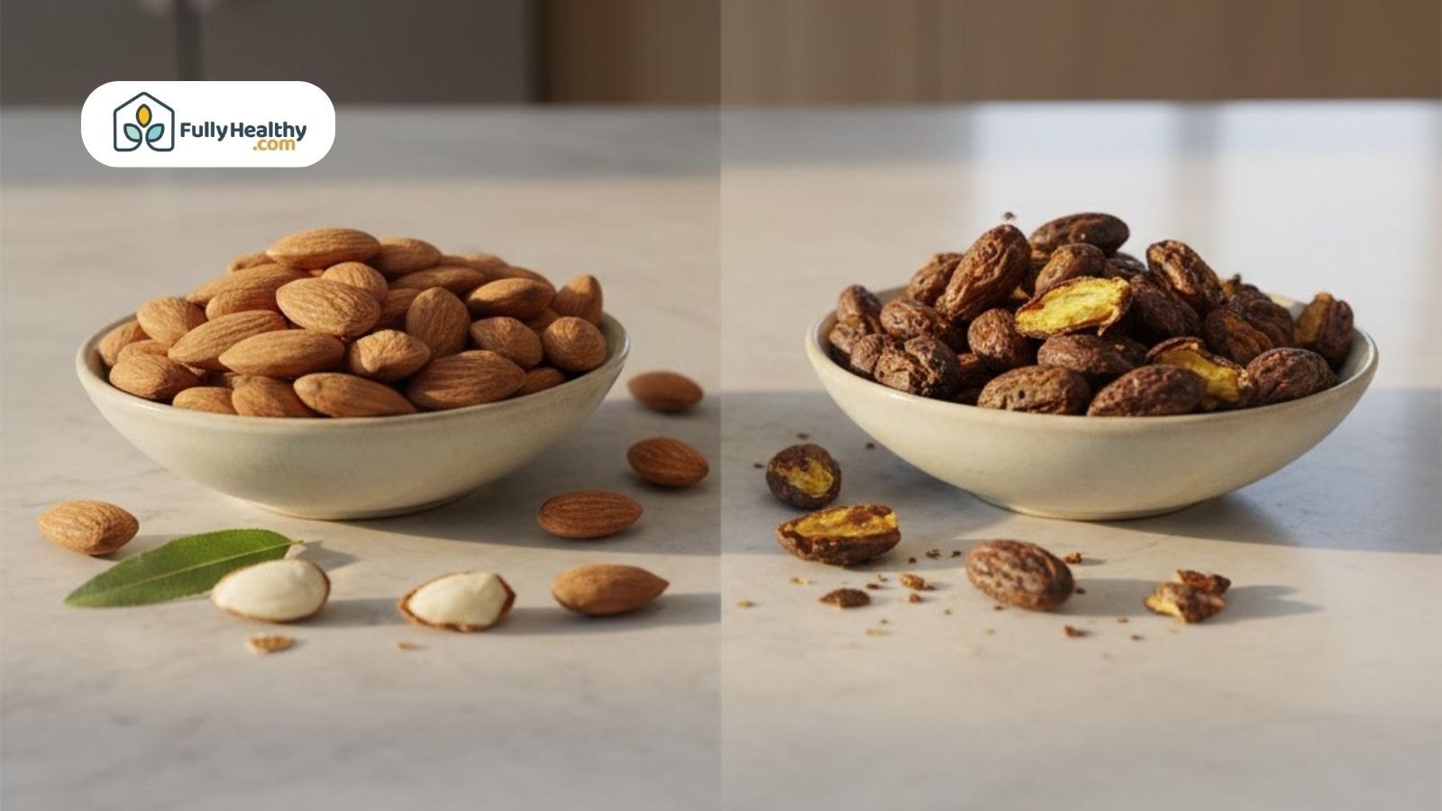 Bowl of fresh almonds next to darker roasted almonds comparing fresh and rancid almonds.