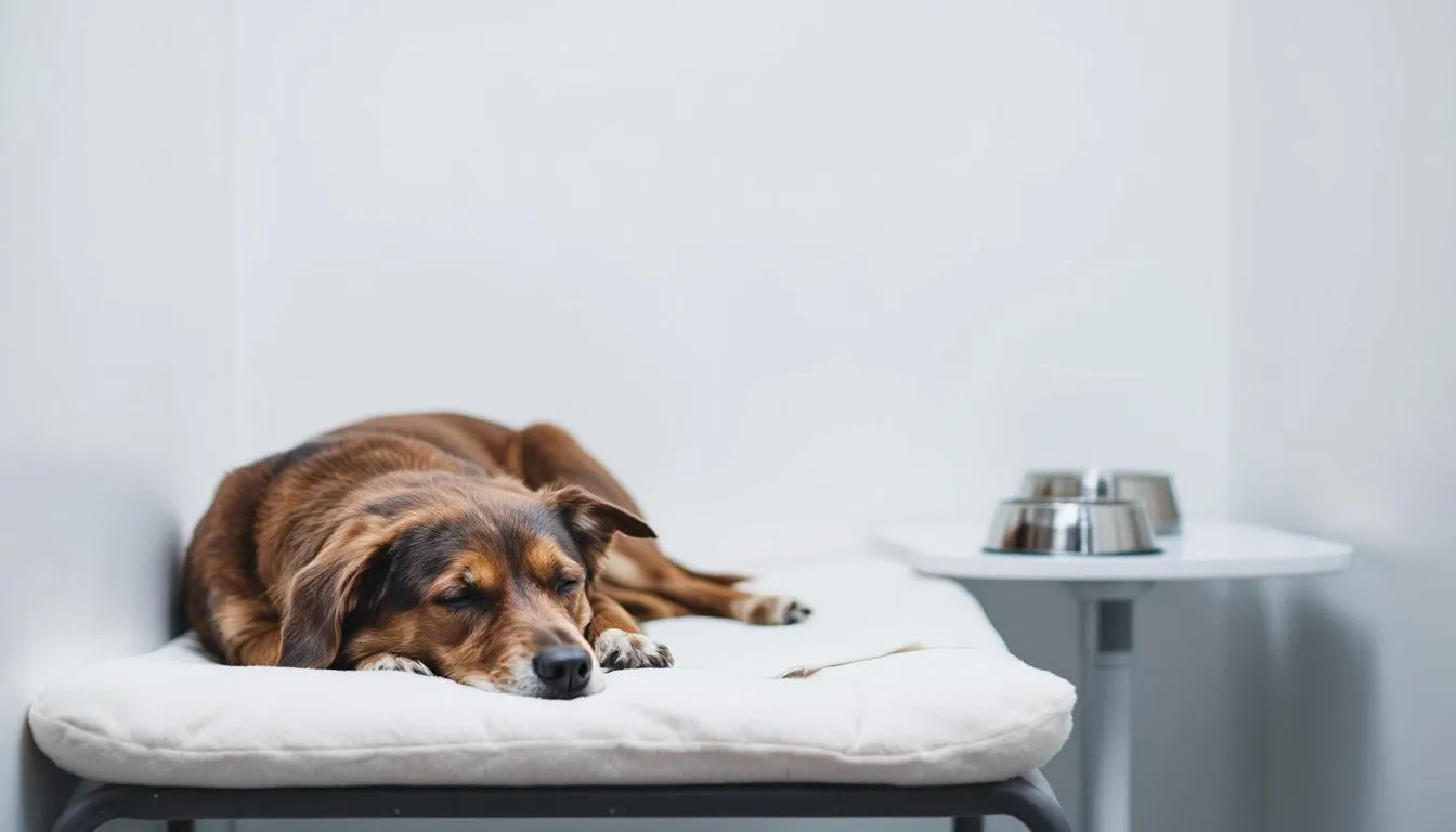 A dog is resting comfortably in a clean, isolated recovery area, surrounded by water and food bowls, indicating a focus on supportive care for dogs infected with canine influenza virus. This setting is ideal for monitoring respiratory signs and ensuring the dog