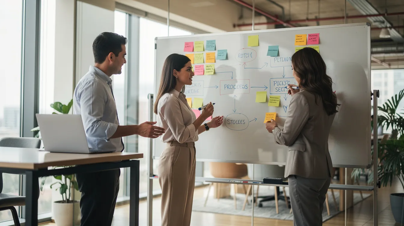 A diverse team is collaborating around a modern whiteboard in an open office, discussing and mapping out a process workflow that likely includes key elements of content strategy, search visibility, and website analytics to enhance their organization's online presence. The atmosphere is focused and engaged, reflecting a commitment to creating valuable content that drives web traffic and supports their marketing goals.
