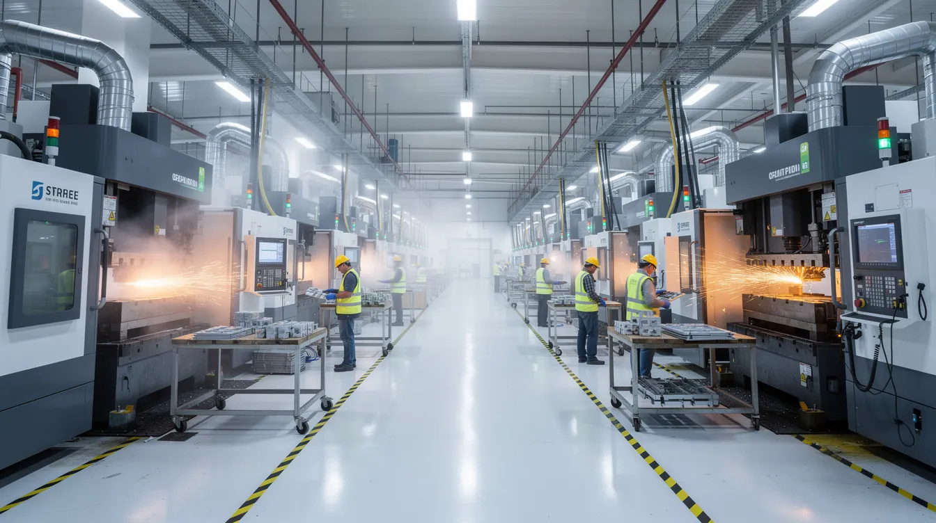The image depicts a modern factory floor bustling with rows of CNC machines and metal stamping presses, all operating under bright industrial lighting. This environment is essential for the automotive industry, where critical components are manufactured with extreme precision and efficiency to meet strict industry standards.