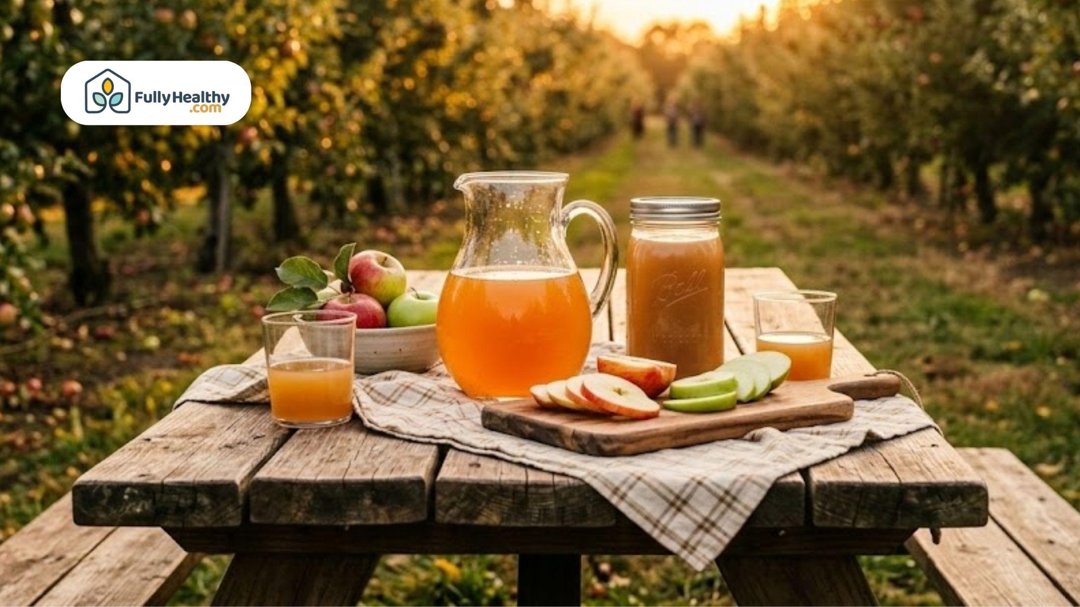 Fresh apple juice pitcher and glass on a rustic picnic table in an orchard with sliced apples and a jag of cider.