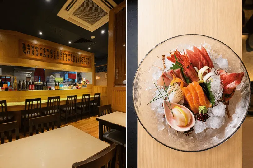 A split image displaying a pristine, light-wood Japanese restaurant interior with empty tables and counter seating on the left, alongside a top-down view of premium mixed sashimi, including salmon and sweet shrimp, served on a bed of ice in a large glass bowl on the right.