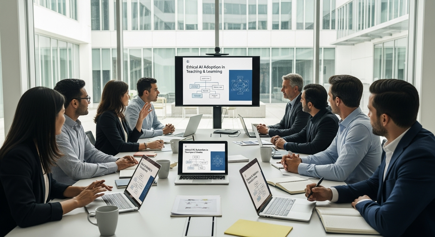 Modern campus strategy meeting discussing ethical AI adoption in teaching and learning