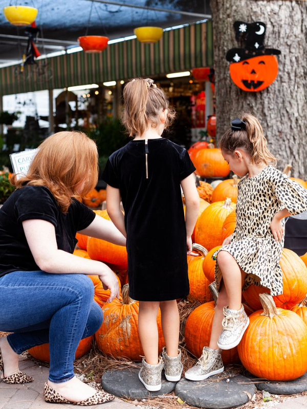 Laura and her children in shaded picnic areas at a pumpkin patch Houston; other awesome photos are above