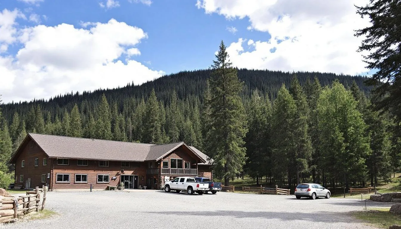 The image depicts the exterior of Cedar Breaks Lodge, surrounded by a lush high-altitude forest, with a parking area visible in the foreground. This mountain lodge, located near Brian Head Ski Resort, offers a serene getaway for families and friends looking to explore the beauty of Cedar Breaks National Monument.