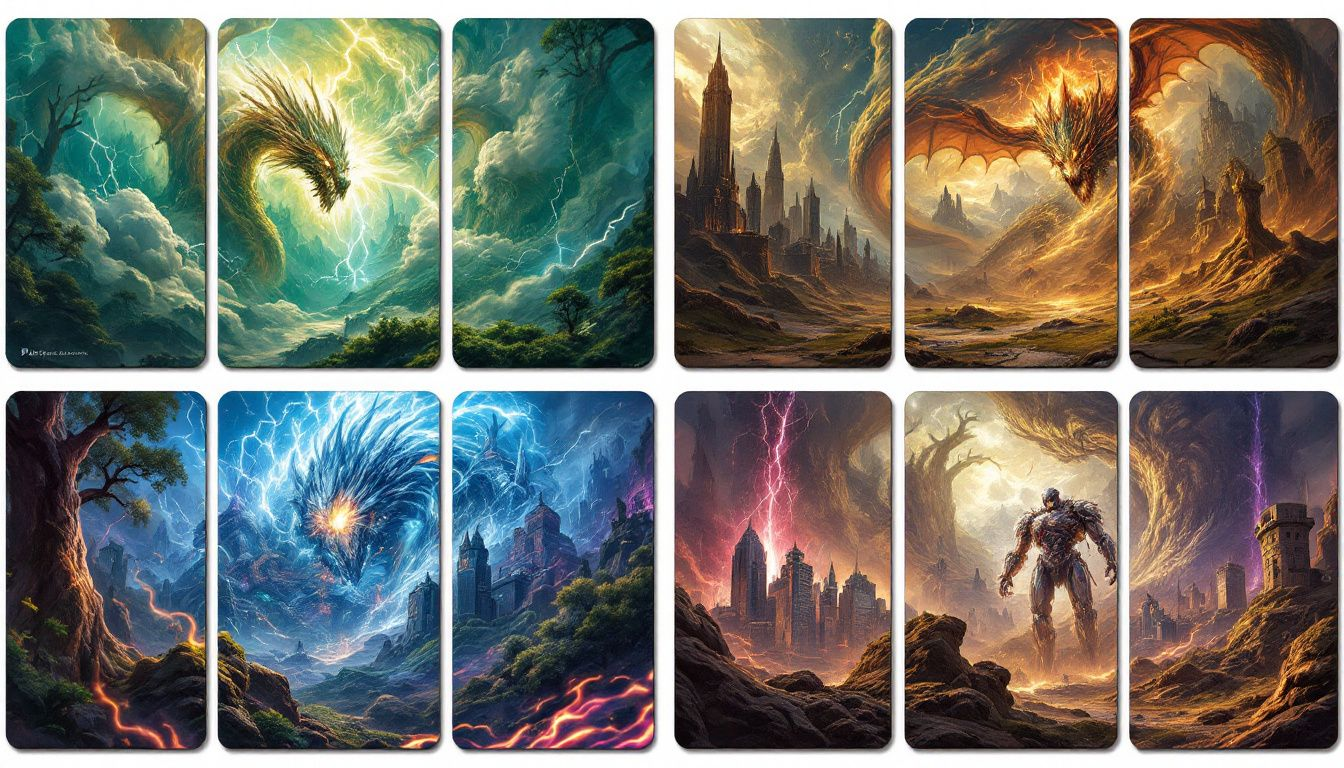 An assortment of MTG playmats showcasing different designs.