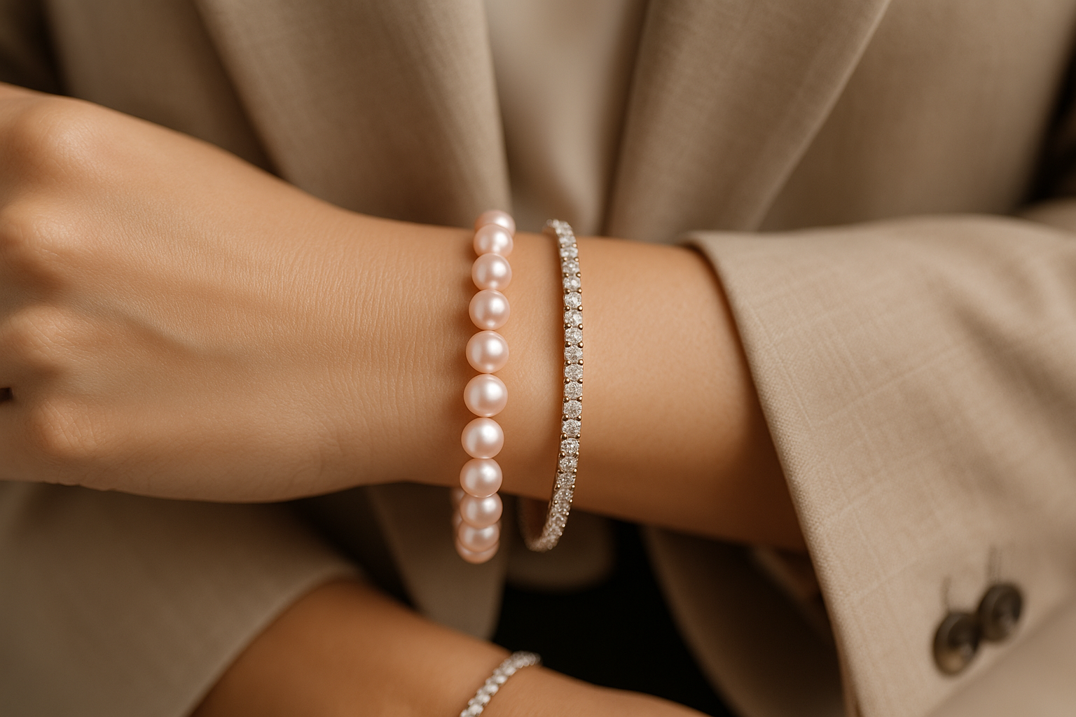 Apyrankė su rožiniais perlais ant stilingos moters rankos su tennis apyranke