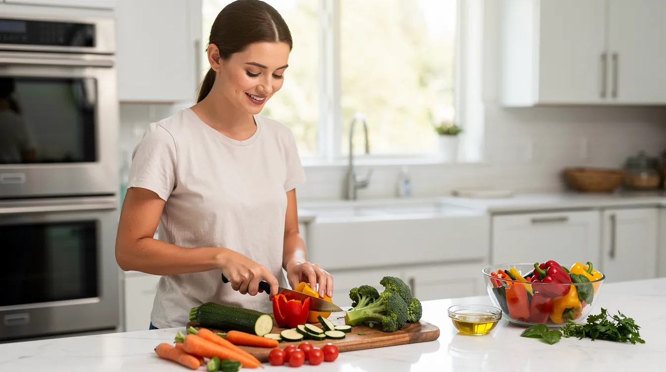 Une femme prépare un repas sain dans une cuisine moderne, entourée de légumes colorés. Cette image évoque l'importance d'une alimentation équilibrée pour la santé, en lien avec des thèmes tels que l'endomètre et le cycle menstruel.