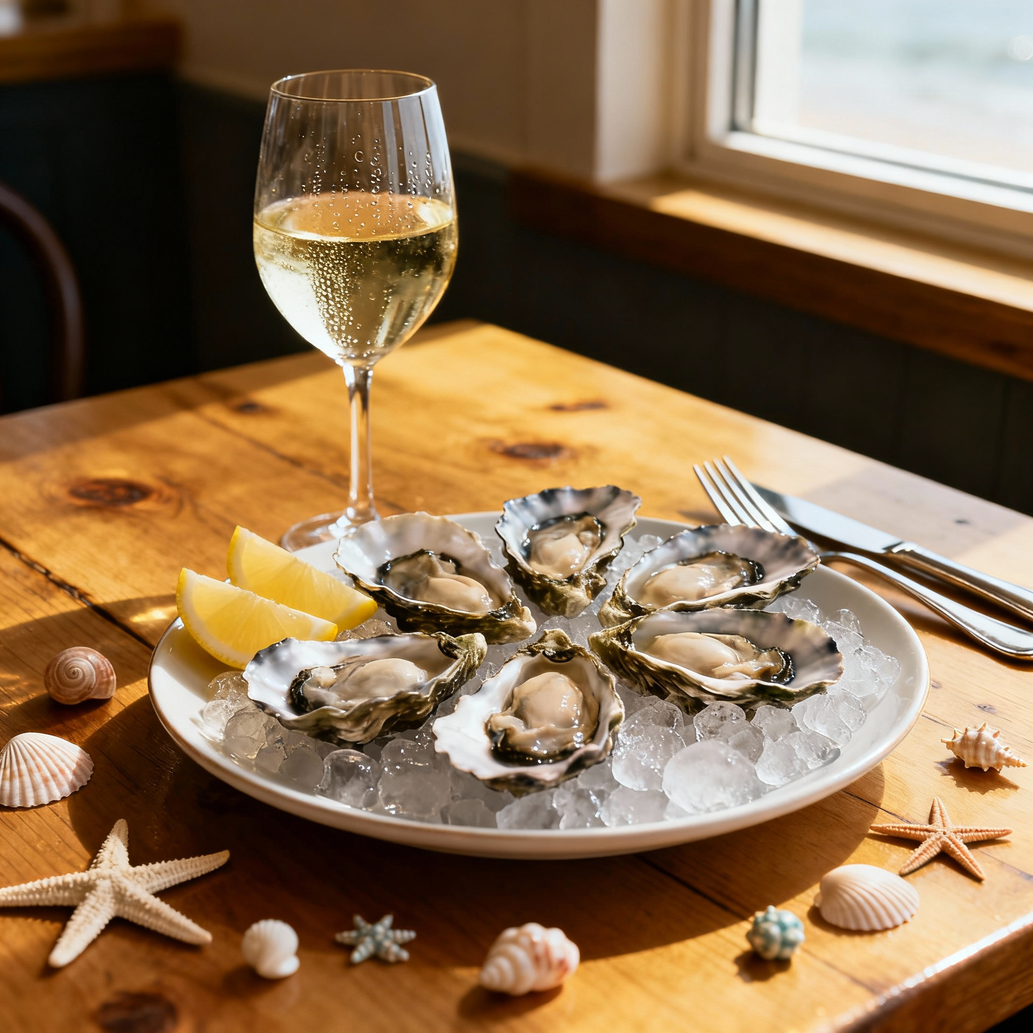The image depicts an elegant lunch table setting at an oyster restaurant, featuring a plate of fresh oysters on ice, lemon wedges, and a glass of white wine, all arranged on a wooden table. Soft natural lighting filters through a nearby window, creating a cozy ambiance perfect for enjoying delicious food and sustainably harvested seafood on Waiheke Island.