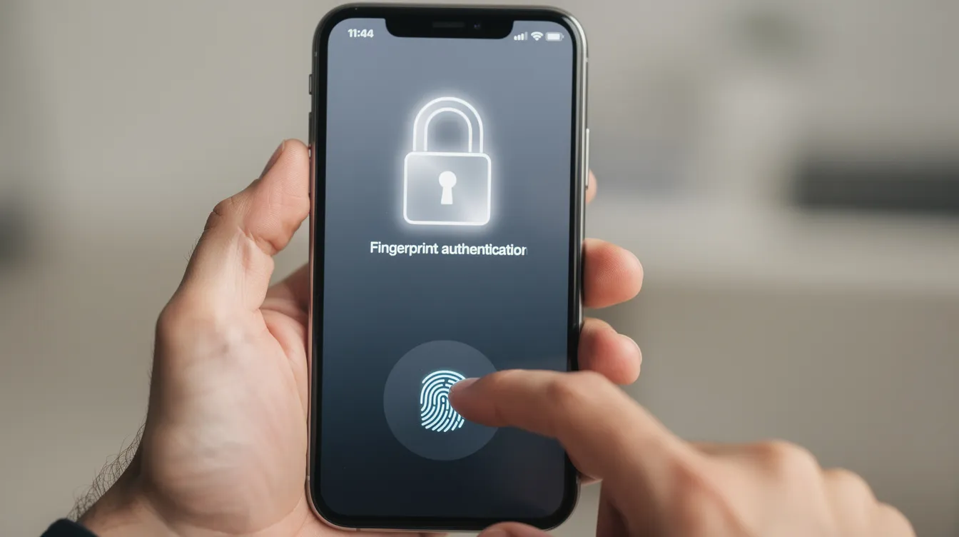 The image shows a person using a smartphone with a fingerprint authentication screen, featuring a visible padlock icon, symbolizing secure access for international money transfers. This highlights the importance of security in sending money abroad and managing financial transactions through mobile banking.