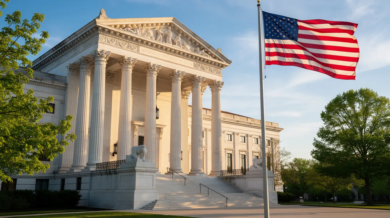 The image depicts a grand government building featuring classical columns and an American flag waving in front. This iconic structure symbolizes the legal status and regulation of various substances, including hemp derived products and cannabis, in the context of federal law and state legislation in Virginia.