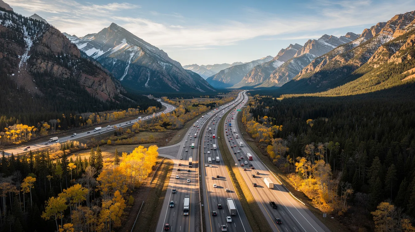 The image depicts a busy multi-lane interstate highway flowing through a picturesque Colorado mountain valley, with vehicles moving steadily along the road. This scene highlights the importance of safe driving, as car accidents can lead to serious injuries and necessitate the expertise of a Colorado Springs car accident lawyer for personal injury claims.