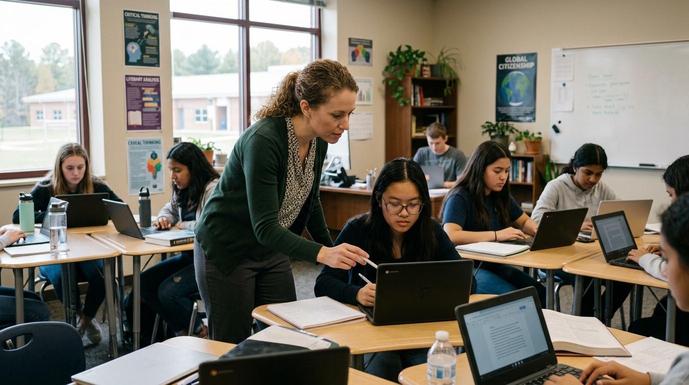 Modern educator carefully evaluating digital student assignments while students independently improve their writing through guided feedback.