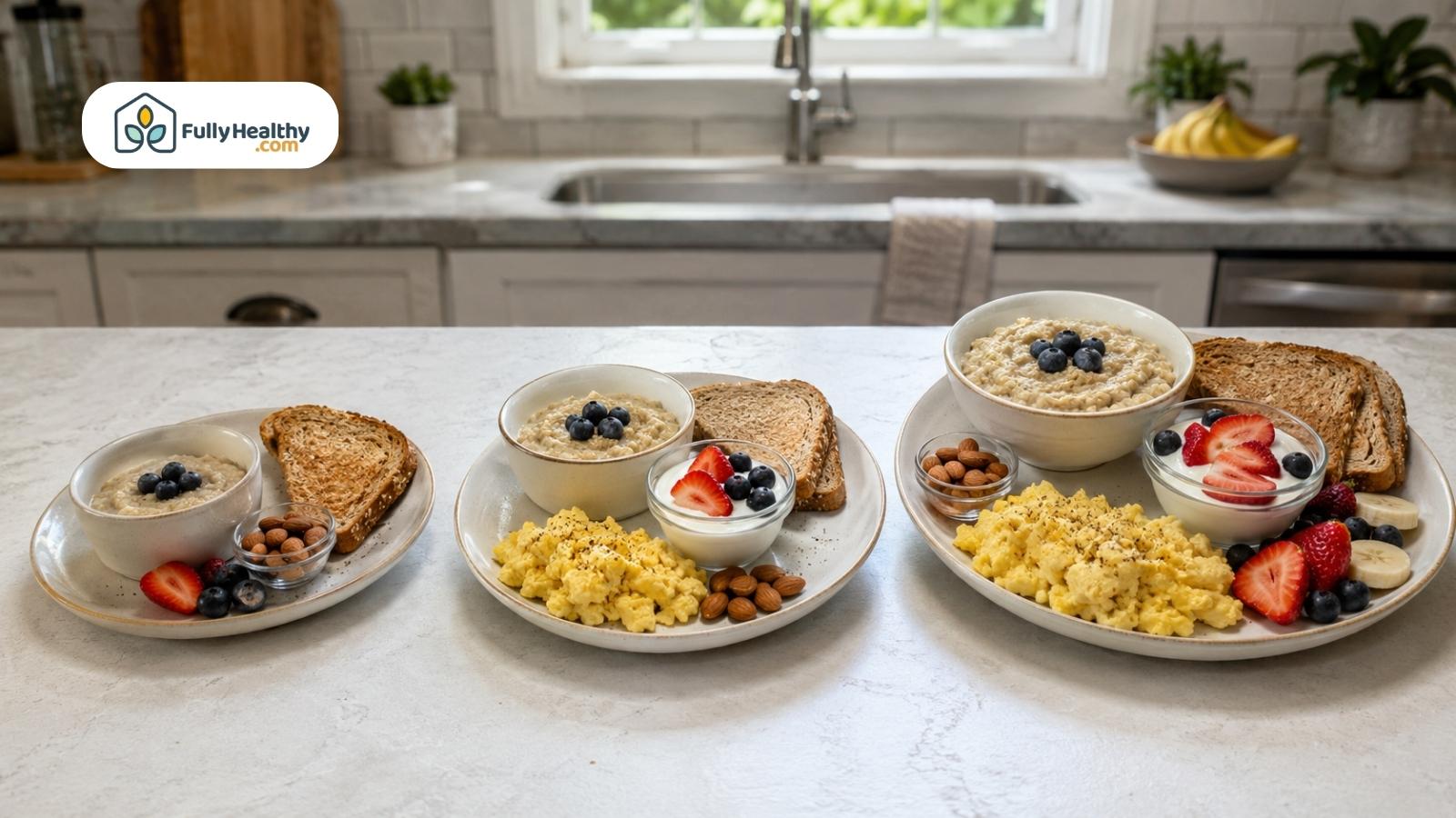 Three balanced breakfast plates with oatmeal, eggs, toast, yogurt, fruit, and almonds