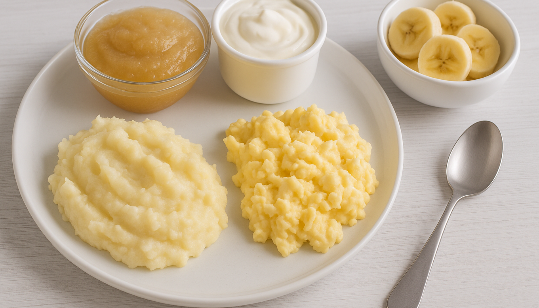 Et fat med potetmos, eggerøre, eplemos og yoghurt ved siden av bananskiver – ideelle myke matvarer etter tanntrekking.