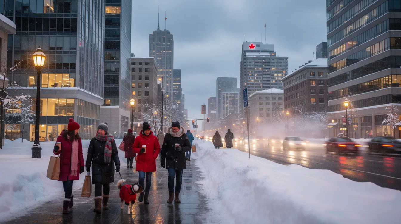 A vibrant Canadian city skyline is visible in winter, showcasing snow-covered buildings against a clear sky, while a diverse group of people walks along a busy sidewalk, reflecting the welcoming communities and cultural familiarity that make Canada an attractive destination for skilled workers and international students seeking permanent residency.