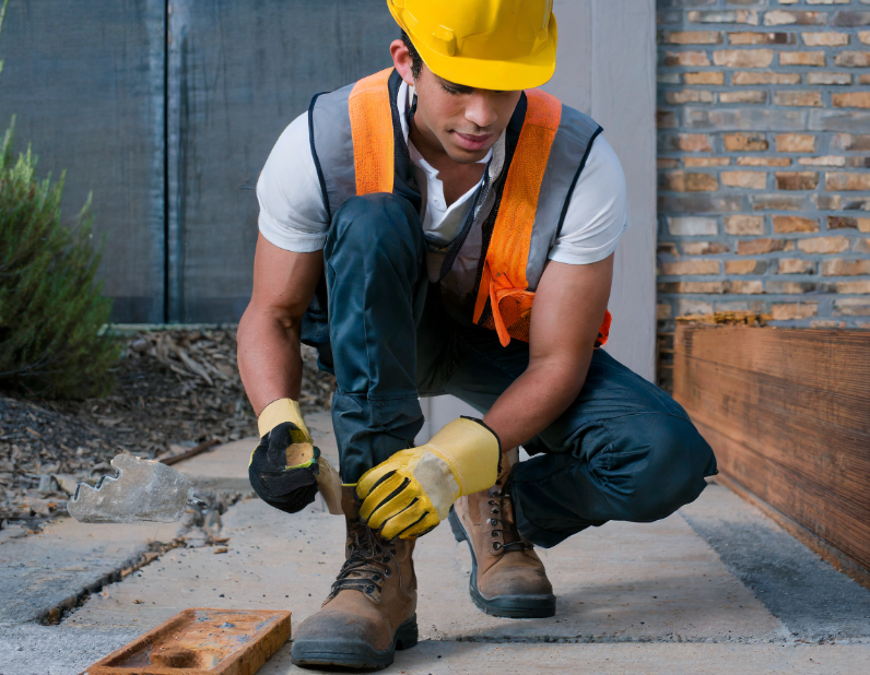 Construction worker wearing safety boots - work shoes - steel toe shoes