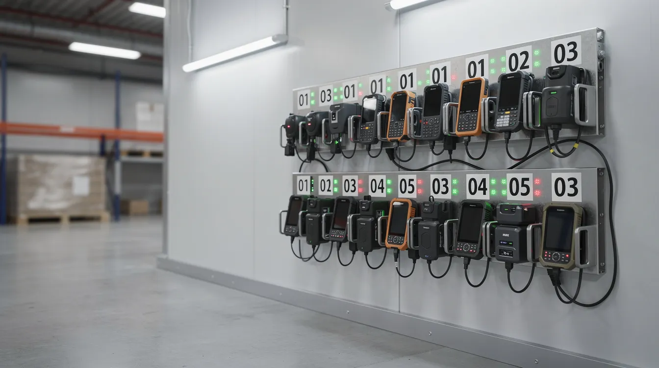 The image depicts a brightly lit corner of a warehouse featuring a wall-mounted rack with numbered device charging slots, each equipped with green and red LED indicators. This setup is essential for managing RF scanners and other handheld devices, helping to prevent lost productivity and misplaced devices during inventory management processes.