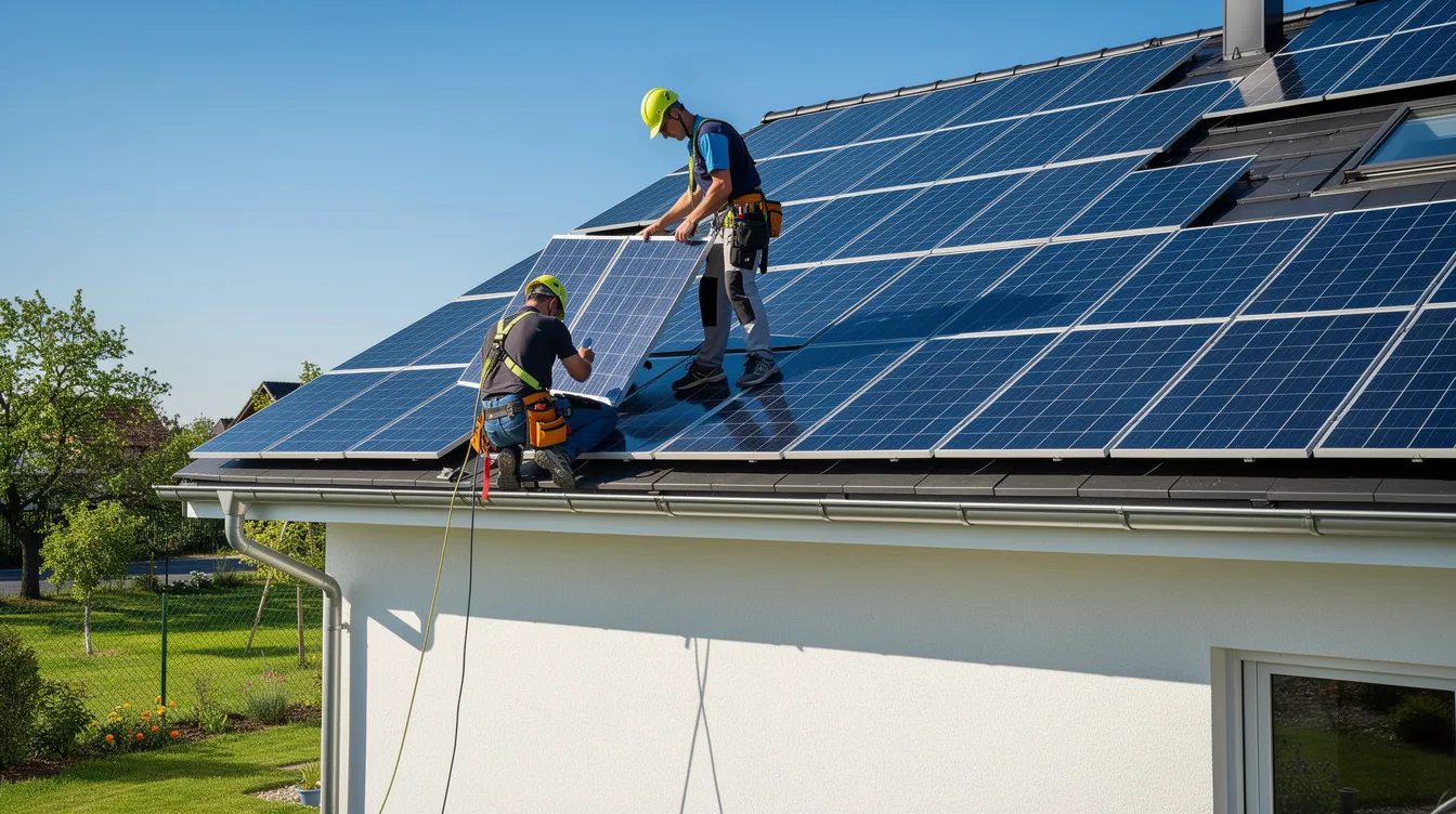 Ein Handwerker montiert Solarmodule auf dem Dach eines Einfamilienhauses bei sonnigem Wetter. Diese Installation von Photovoltaikanlagen ist Teil der Nutzung erneuerbarer Energien und könnte von der Steuerbefreiung gemäß dem Nullsteuersatz profitieren.