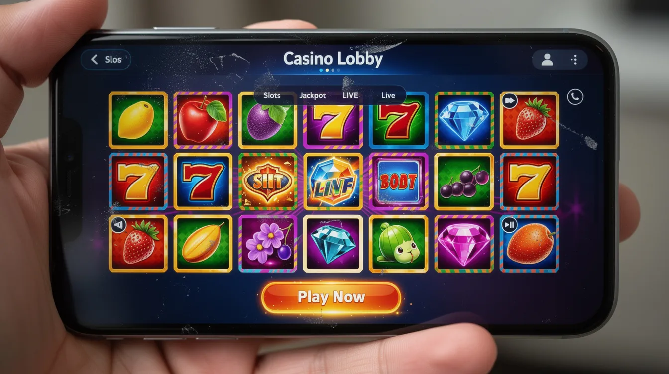 A person is holding a smartphone that displays a vibrant casino game lobby filled with colorful slot game thumbnails, highlighting various online casino options. This image suggests the exciting world of non gamstop casinos, where players can explore a wide range of casino games and bonuses.