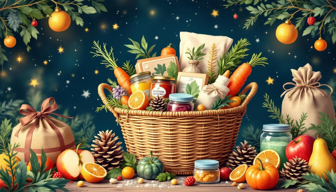 A gourmet organic food basket filled with sustainable gifts and organic ingredients.