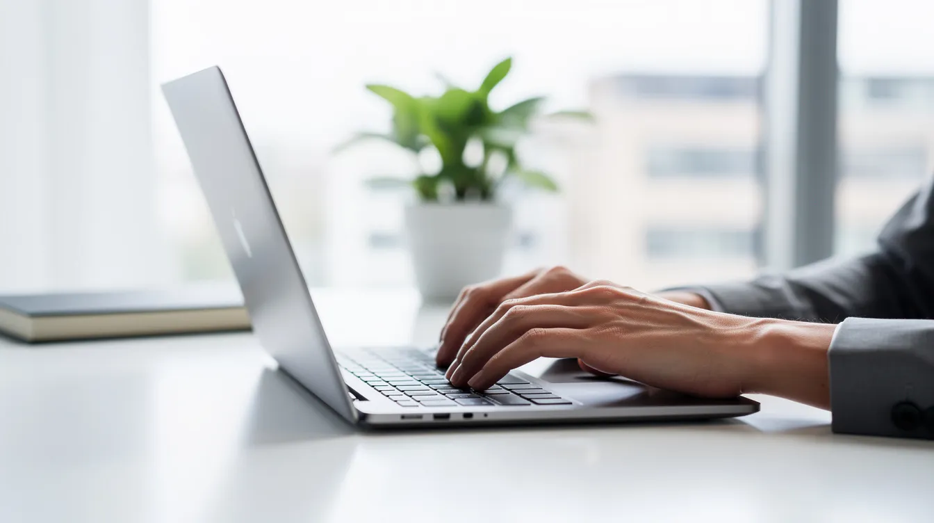 A person is focused on typing on a laptop keyboard in a bright office setting, surrounded by modern decor and natural light. The scene conveys a sense of productivity, possibly related to economic and financial affairs, as the individual engages with documents on platforms like Microsoft Word or Google Docs.