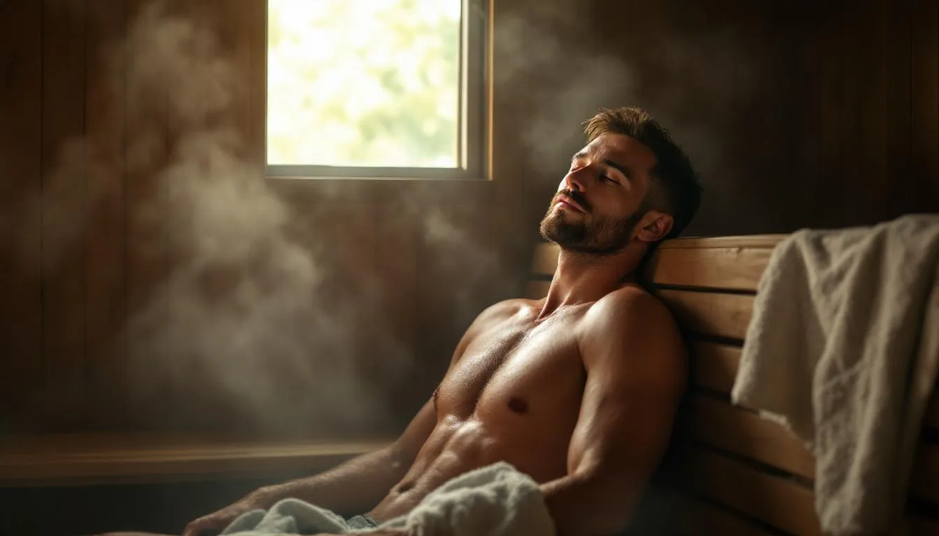 A man is sitting in a hot sauna, surrounded by warm wooden walls, enjoying the heat therapy that promotes relaxation and mental clarity. This sauna session may offer various health benefits, including improved cardiovascular function and temporary relief from stress.