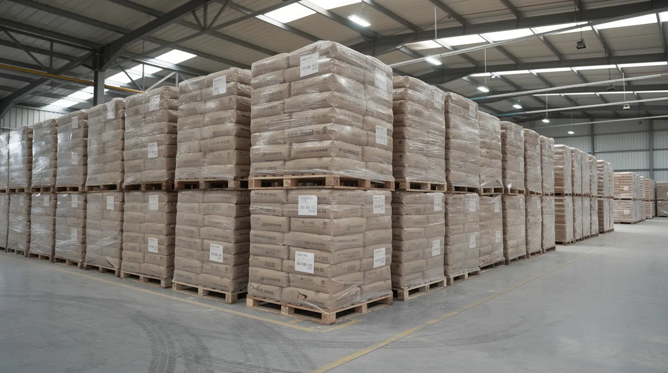 441470ec 5a26 4734 b90c 824a1f464935 The image depicts stacked pallets of bulk packaged dairy powder bags inside a warehouse, showcasing a variety of whey products including whey protein concentrate and whey protein isolate. This setting highlights the operational efficiency of a whey protein manufacturing plant, emphasizing the importance of quality control and effective working capital management in the whey protein industry.
