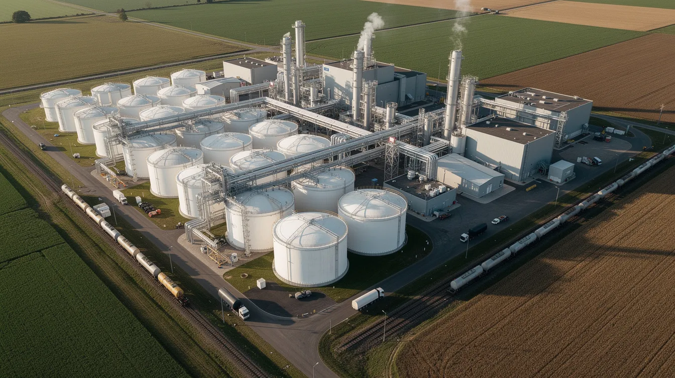 44151d93 e881 489e 86a1 4ff30f959632 The image shows an aerial view of a large industrial ethanol manufacturing facility, featuring multiple storage tanks and processing buildings. This typical ethanol plant is designed for efficient ethanol production, contributing to the renewable fuel standard and addressing market demand in the agricultural sector.