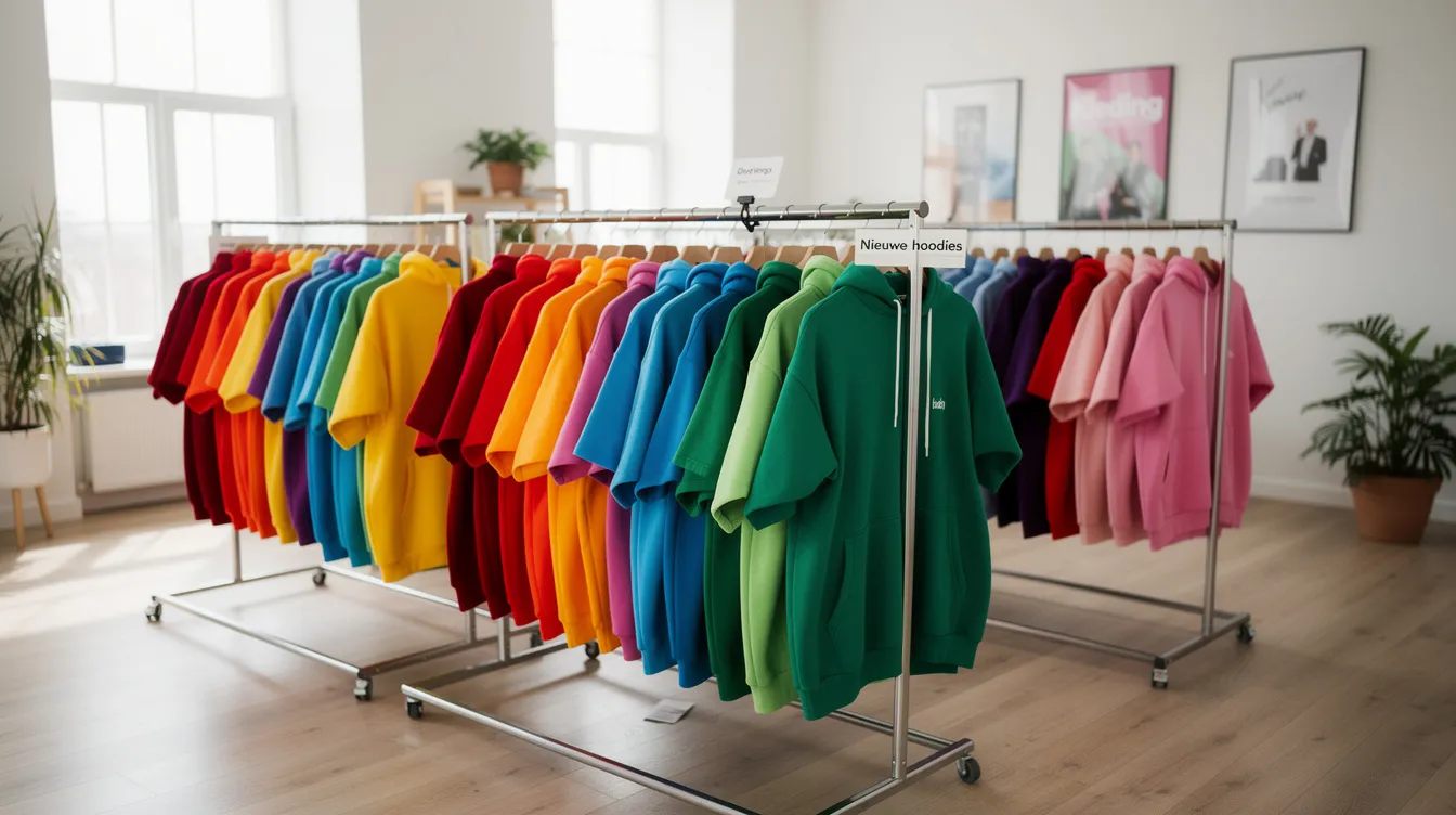 In de pop-upwinkel zijn kledingrekken vol met kleurrijke hoodies te zien, die aantrekkelijk zijn voor fans van Enzo Knol. De sfeer is levendig en trendy, perfect voor jonge creators en hun dagelijkse leven op sociale media.