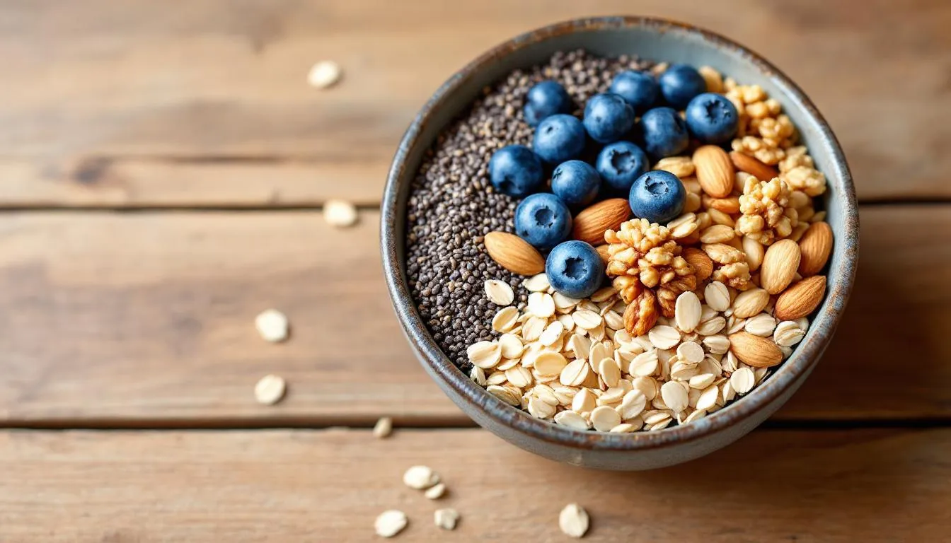 A bowl of high-fiber foods, emphasizing their role in digestive and heart health.