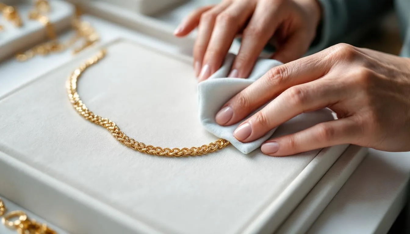 The image illustrates various methods for caring for gold plated jewellery, including a soft bristled brush, a soft cloth, and mild washing up liquid for cleaning. It emphasizes the importance of regularly cleaning your jewellery to maintain its natural lustre and avoid damage from chemicals or extreme temperature changes.