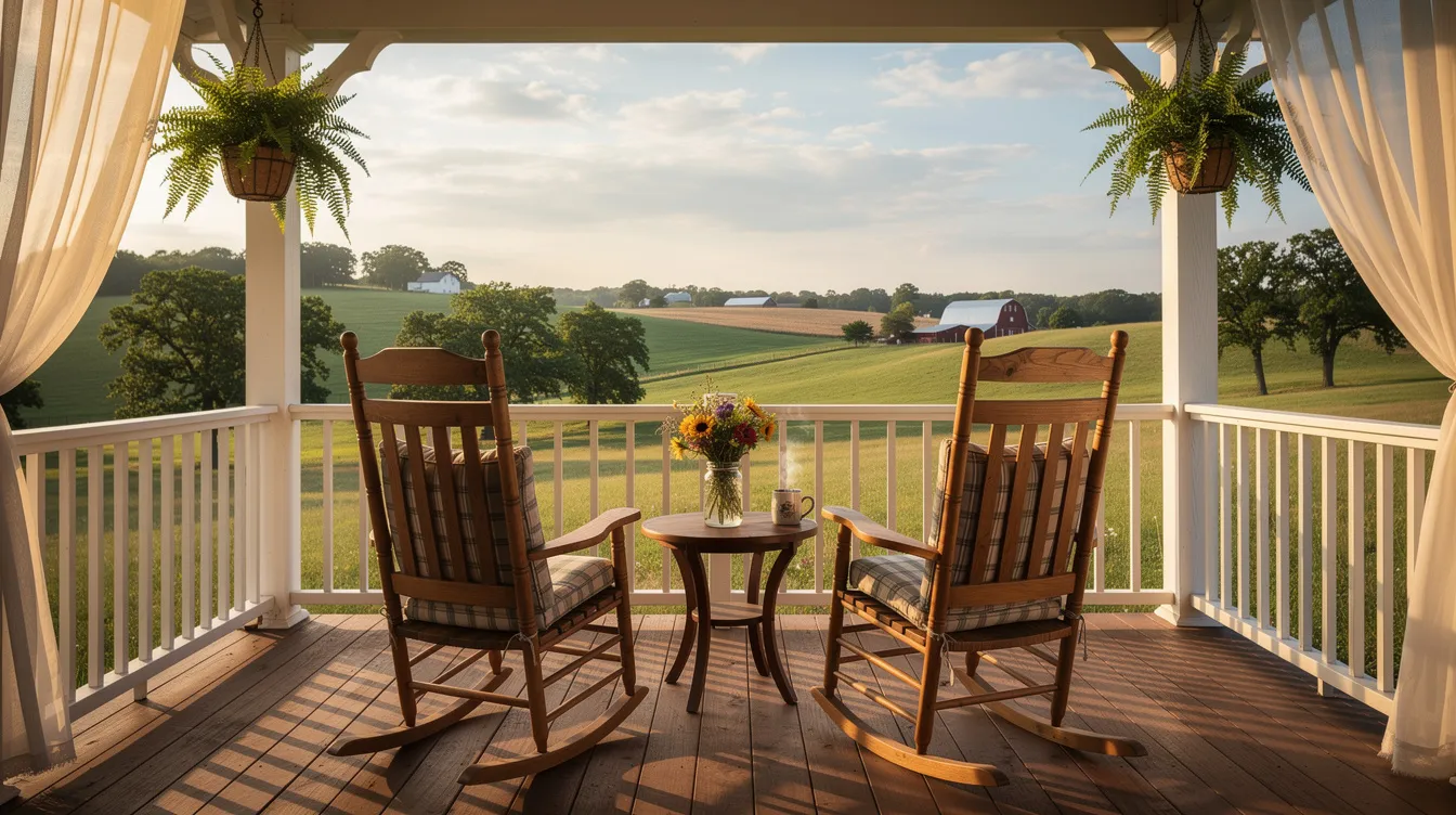 The image depicts a cozy covered porch adorned with rocking chairs, offering a serene view of the lush green hills typical of Missouri's countryside. This inviting space is perfect for relaxing and enjoying the beauty of nature while contemplating financial goals and strategies for retirement.