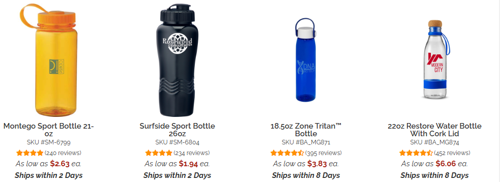 water bottles on product page