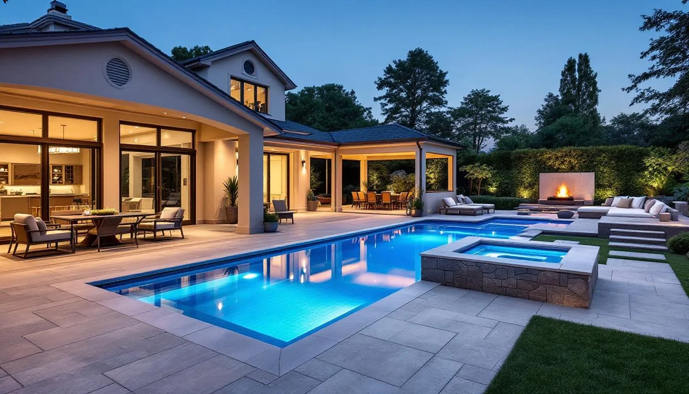 The image depicts a luxurious outdoor living space featuring a sparkling pool, a relaxing spa, and a covered entertaining area, all surrounded by lush landscaping. This serene backyard oasis exemplifies relaxed Florida living in the desirable Lake Park neighborhood of Naples, offering a perfect blend of modern coastal elegance and outdoor enjoyment.