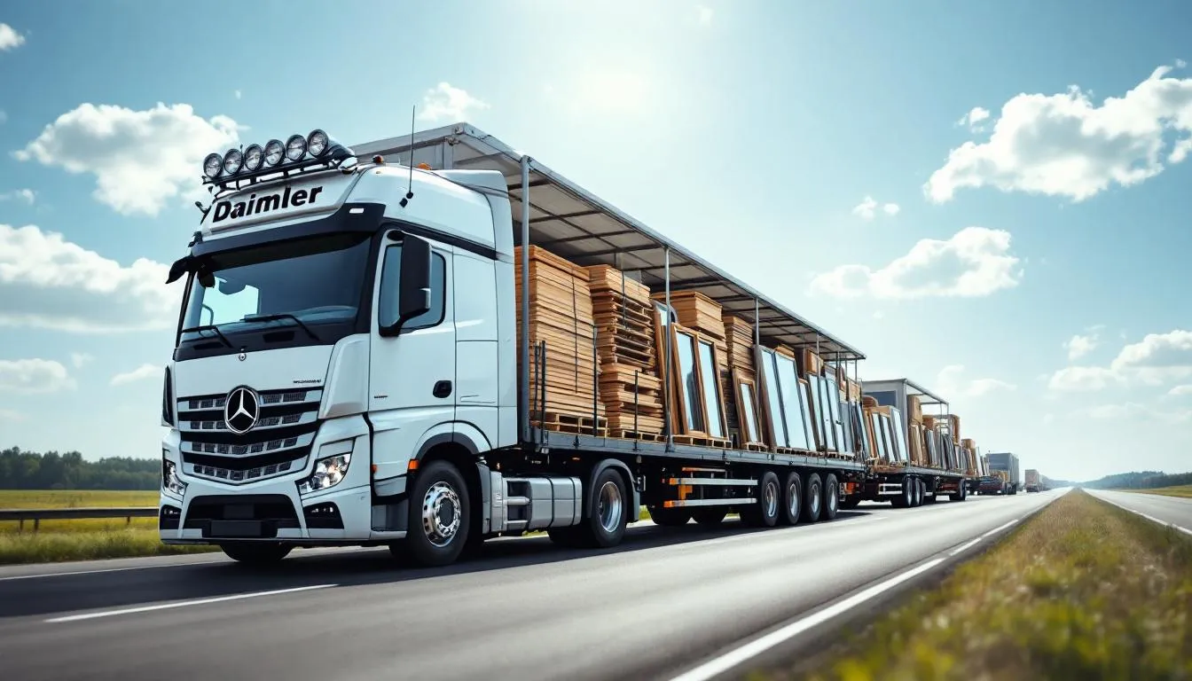 Een Duitse vrachtwagen is te zien die hoogwaardige kunststof kozijnen naar Nederland vervoert. Deze nieuwe kozijnen, afkomstig uit Duitsland, zijn ontworpen voor uitstekende isolatie en voldoen aan de Nederlandse kwaliteitseisen.
