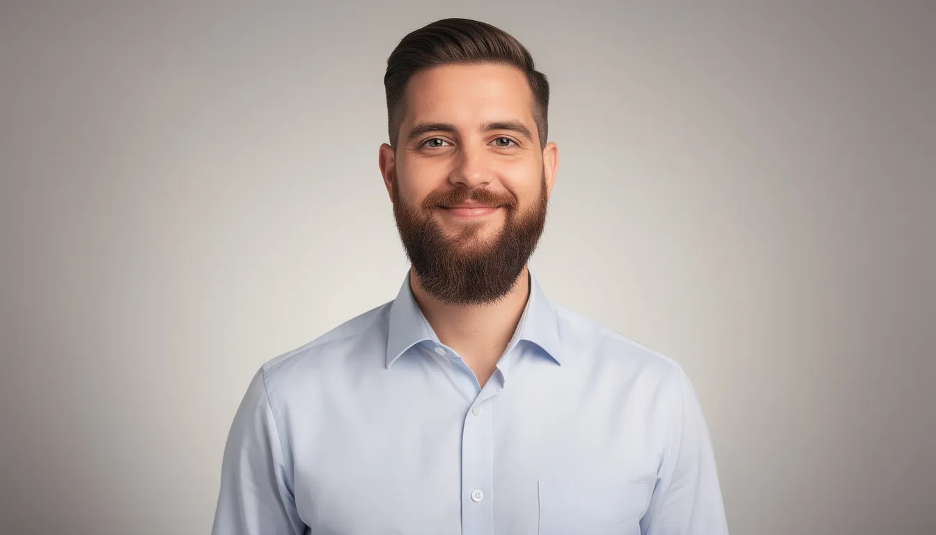 A well-groomed bearded man wearing a work shirt exudes confidence, showcasing his neatly styled facial hair. His beard appears soft and healthy, likely benefiting from quality tallow beard balm that nourishes coarse hair and promotes healthy growth.
