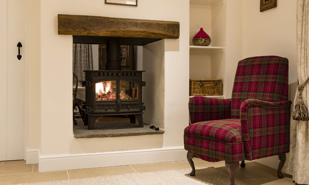 traditional open fire, woodburning stove