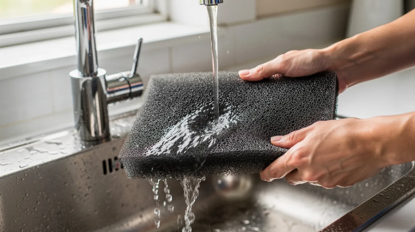 A person is rinsing a rectangular foam air filter under running water in a sink, ensuring it is clean for optimal cooling performance in their RV air conditioner. This maintenance step is crucial for maintaining clean air filters and enhancing the cooling efficiency of the AC unit.